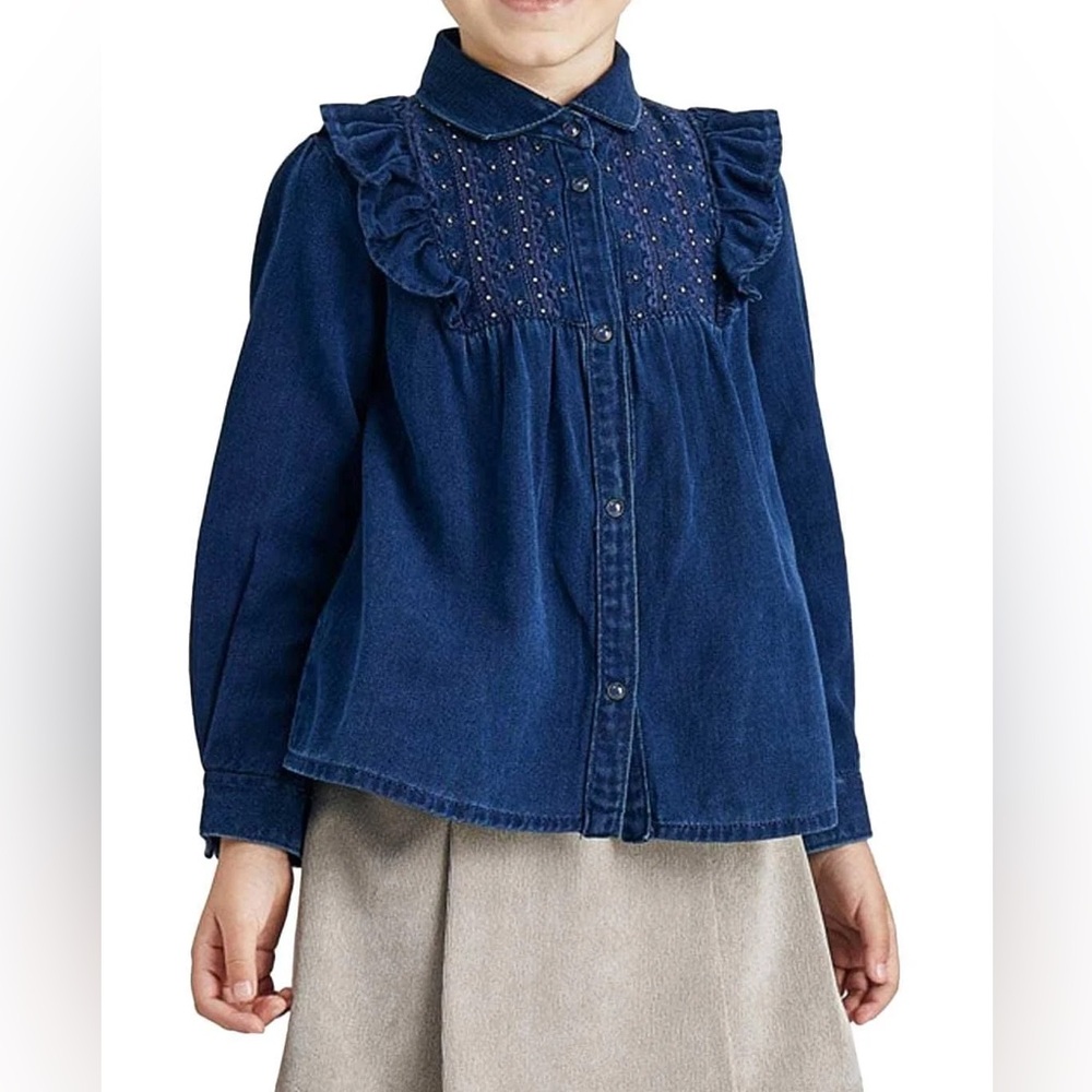 Mayoral Chambray Denim Ruffle Collared Top